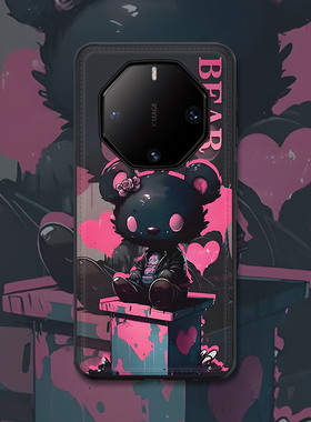 适用华为mate60RS非凡大师手机壳新款创意个性紫色涂鸦小熊可爱卡通50rs保时捷保护套全包防摔真皮硅胶40rs潮