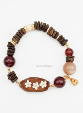 925银美拉德风新中式复古气质设计沉香猛犸石榴石月光石花朵手串