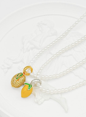 ins韩国甜酷风S925纯银清新甜美满钻柠檬水果珍珠串珠项链可爱