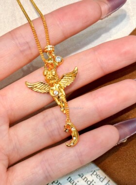 欧美925纯银流苏月亮小天使双扣万能可抽拉项链设计感轻奢高级感