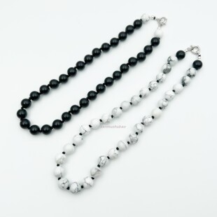 博主推荐个性浮夸设计风天然宝石白松石黑玛瑙圆珠S925纯银项链