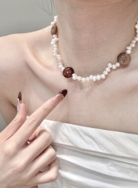 925银天然淡水夹子珍珠条纹玛瑙项链2026新款爆款轻奢法式度假风