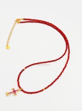 ins风925纯银红玛瑙满钻十字架个性独特项链高级感时尚气质