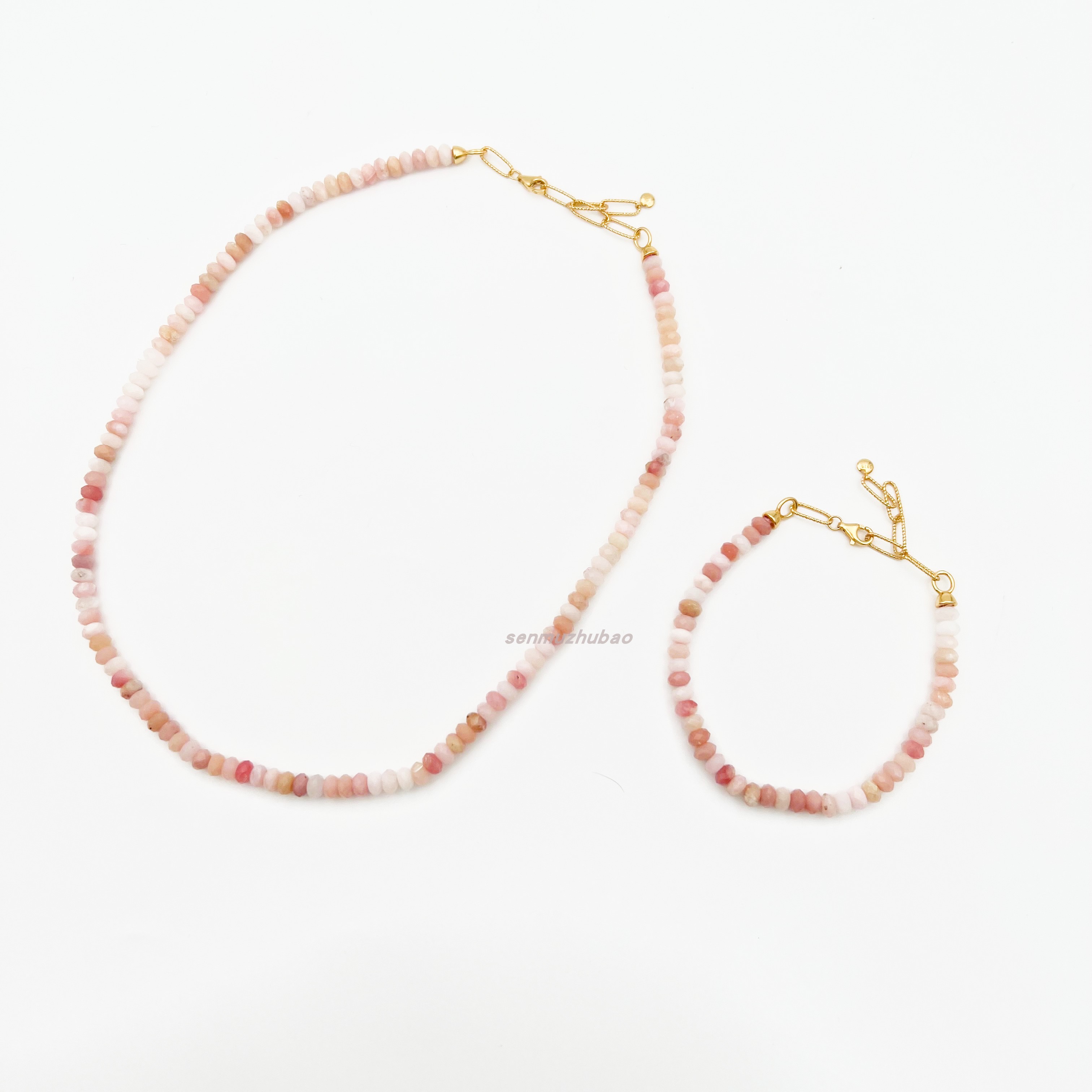 欧美时尚夏日简约高级感纯色进口天然粉红欧泊串珠锁骨链纯银项链