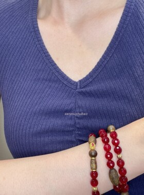 天然沉香双层鸽血红玛瑙手串