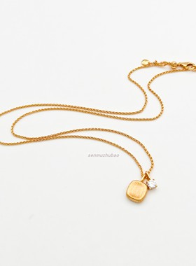 拉丝金色小方糖吊坠纯银项链