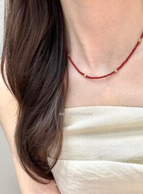 法式小众夏季沙滩度假风纯银红玛瑙小花串珠项链多巴胺叠戴项链