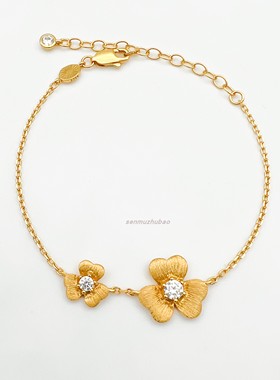 拉丝双花纯银镀金手链