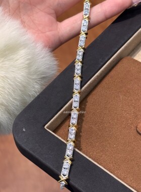 直播货源 S925纯银爆闪满钻交叉排钻分色手链欧美风复古时尚轻奢