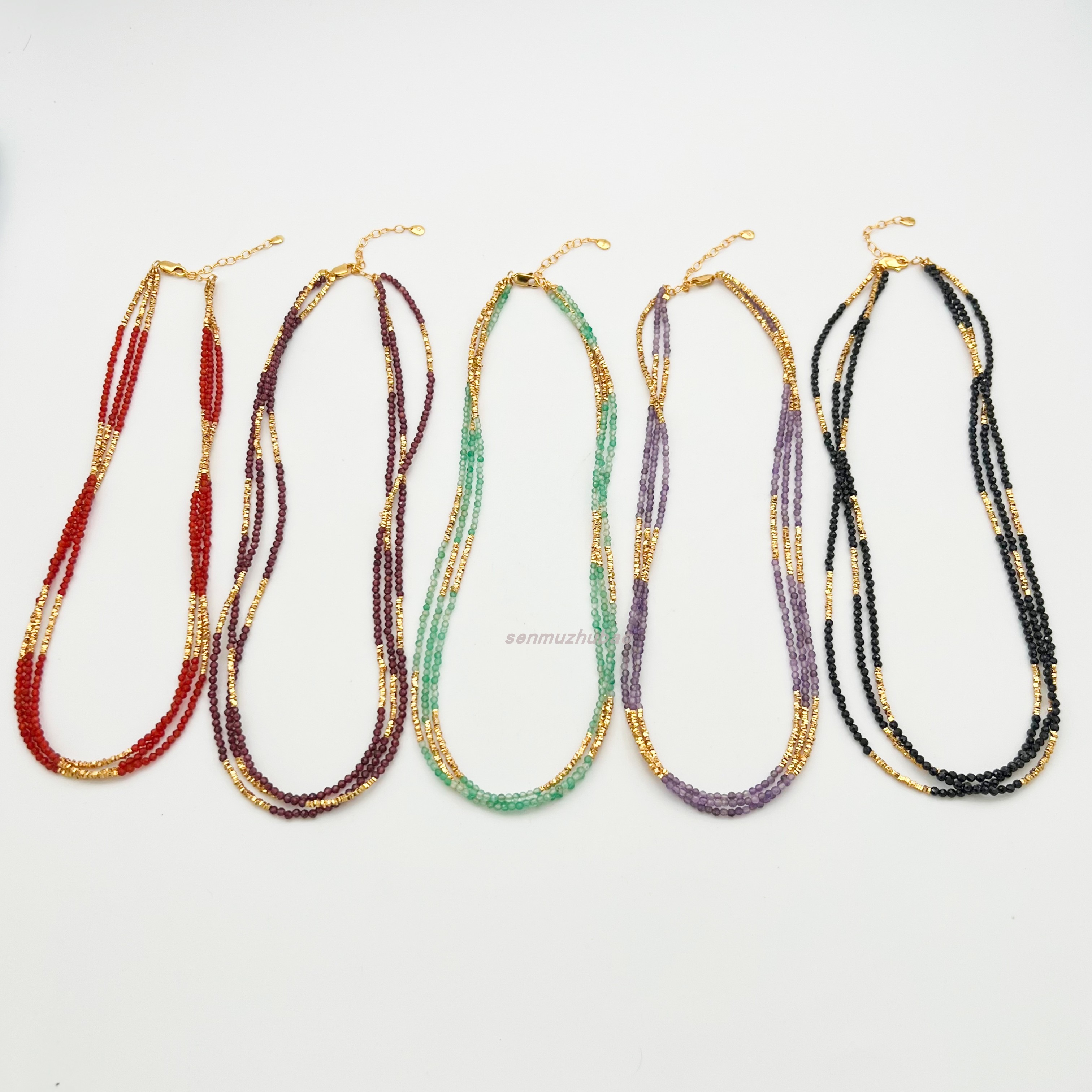 S925纯银小碎金三层项链手链