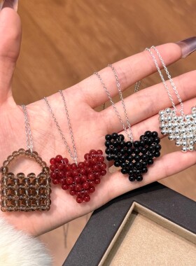 925银立体爱心包包手工编织吊坠项链女新款百搭长款可调节毛衣链