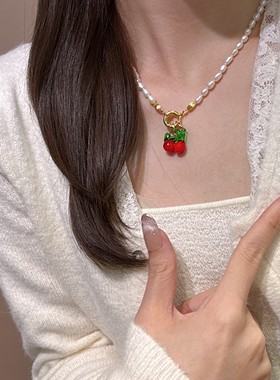 黄铜田园风鹦鹉梨jennie同款樱桃天然珍珠锁骨链法式复古ins颈链