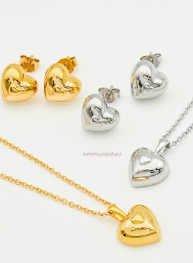 法式复古风925纯银INS风网红款爱心耳钉耳饰项链套装女轻奢高级感