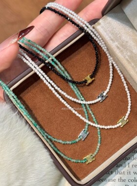 法式复古小众多巴胺S925纯银凯旋门贝珠玛瑙黑尖晶串珠项链高级感