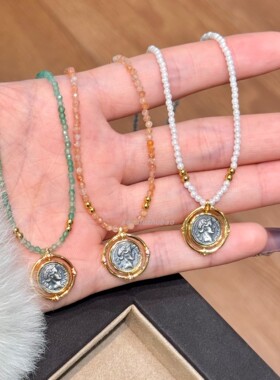 925银欧美ins小众时来运转罗马古币天然石浮雕项链优雅复古宫廷风