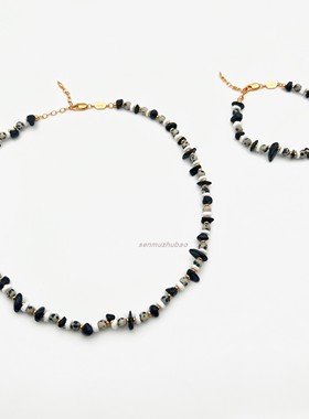 海外waki博主推荐单品天然斑点贝果石黑碧玺手工串珠纯银项链手