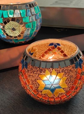 欧式马赛克玻璃烛台摆件