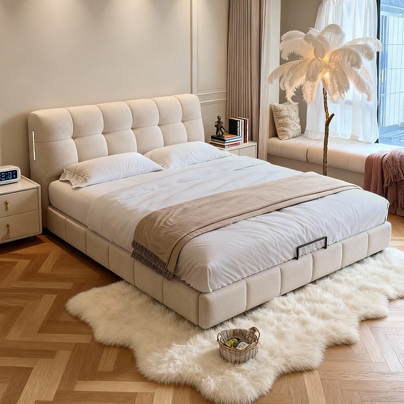 奶油风泡芙床主卧真皮实木储物床