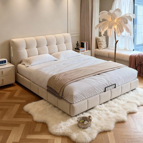 奶油风泡芙床主卧绒布床储物婚床