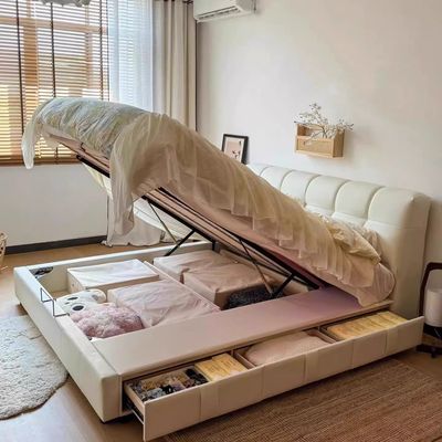 政府补贴奶油风泡芙公主床主卧简约真皮双人床实木软包家用储物床