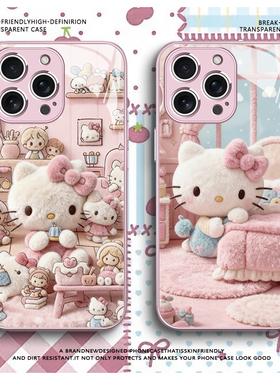 适用苹果17pro手机壳新款HelloKitty凯蒂猫iPhone16plus少女粉色15promax卡通14可爱13闺蜜12玻璃xr全包11套