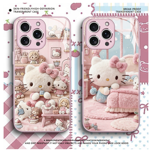 适用苹果17pro手机壳新款HelloKitty凯蒂猫iPhone16plus少女粉色15promax卡通14可爱13闺蜜12玻璃xr全包11套