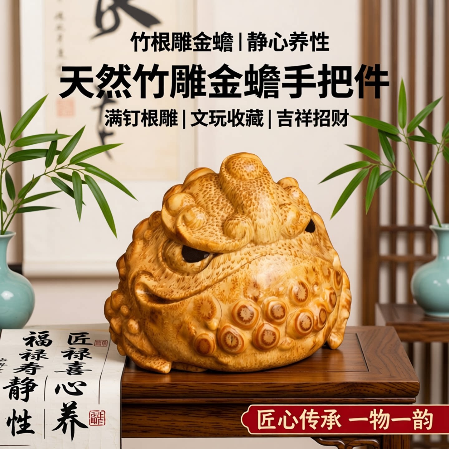 竹根雕金蟾竹雕满钉金蟾手把件图片