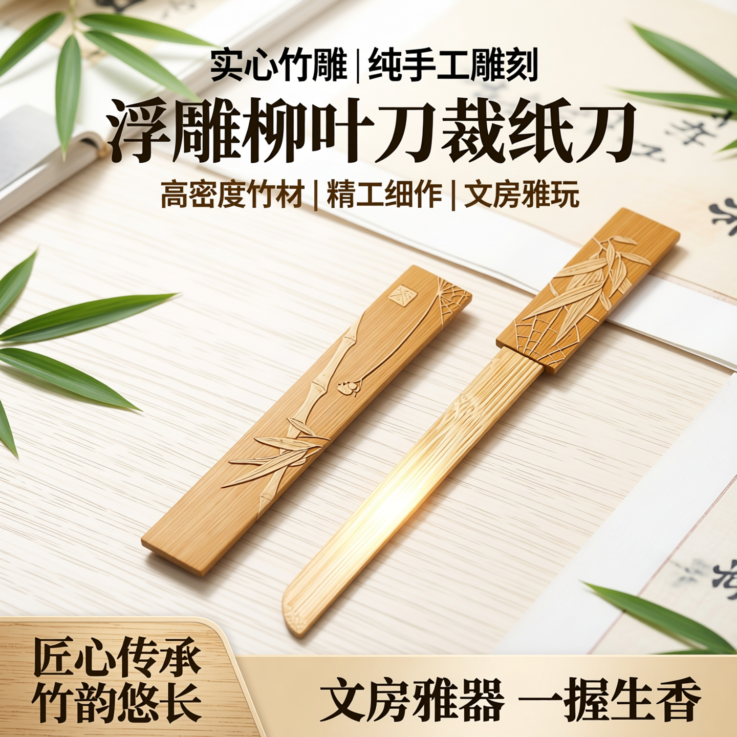 实心竹制浮雕柳叶刀裁纸刀纯手工雕刻原材料高密度工艺品手把玩件