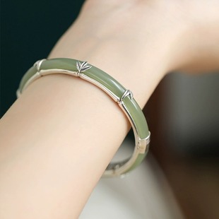 925银复古新中式晴水和田青玉竹节手镯开口可打开小众设计高级感