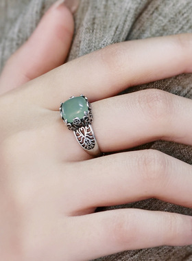 925银复古新中式铜钱币方糖和田青玉戒指环开口调节女镂空高级感