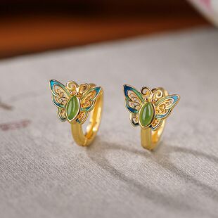 复古中国风碧绿珐琅蝴蝶耳钉女文艺国潮时尚精美气质百搭耳饰耳环