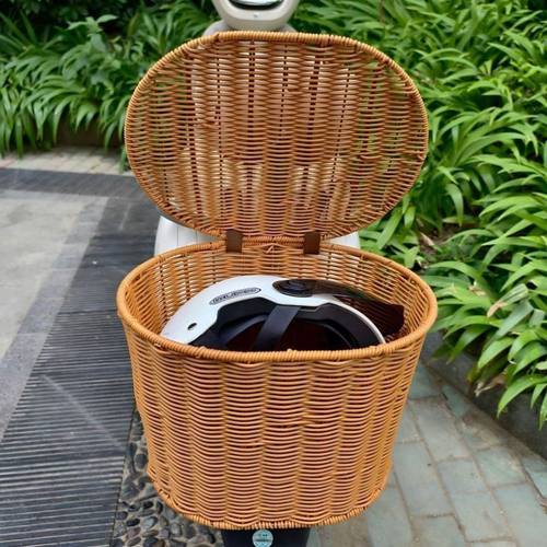 电动车后置通用型车筐手工仿藤编带盖大容量改造装饰挂包篮放头盔