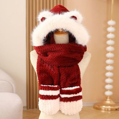 冬季高档水波纹保暖防寒帽子女小熊毛绒拼色护耳帽子围巾手套一体