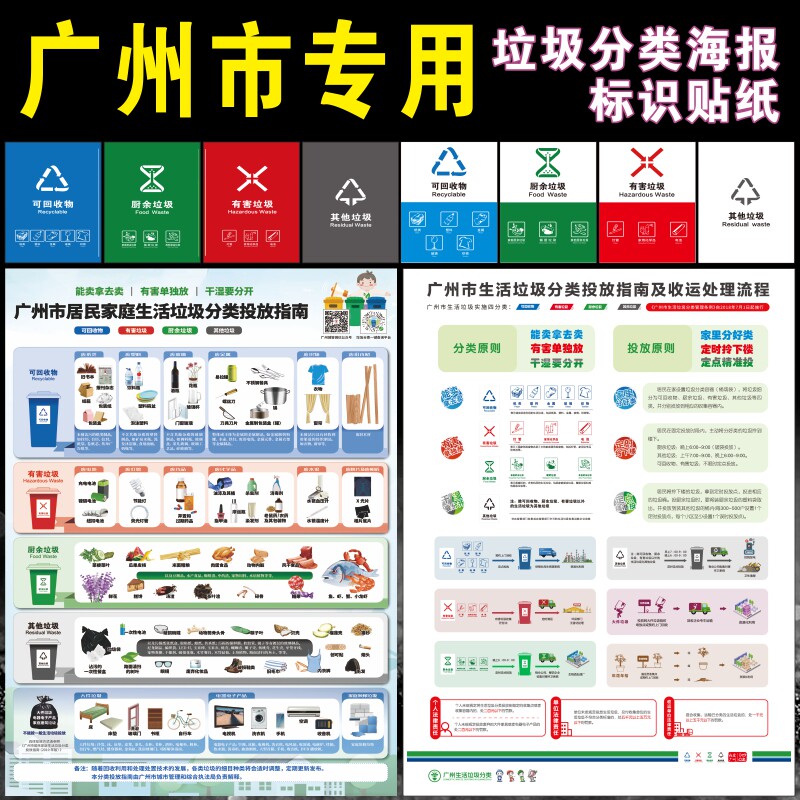 垃圾分类标识贴纸广东省广州市专用垃圾桶标志牌可回收厨余有害标志