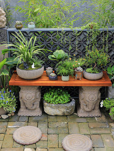汉韵堂庭院花架阳台顶楼花园布置石墩摆件露台落地花盆实木置物架