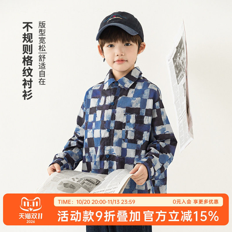 oddtails男童纯棉衬衫时尚春装2026新款中大童儿童蓝黑格休闲上衣