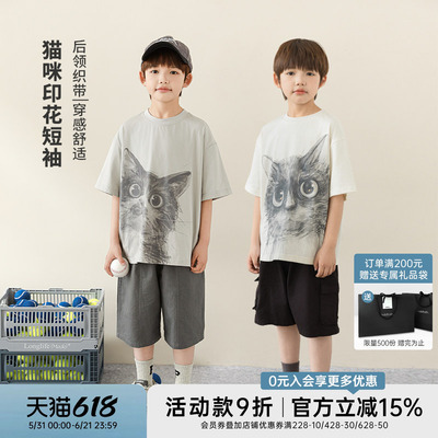 oddtails男童T恤短袖儿童休闲夏装2026新款男孩猫咪印花夏季上衣