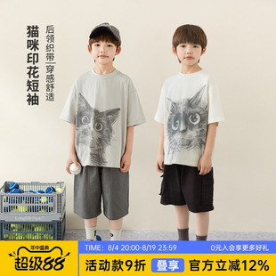 oddtails男童T恤短袖儿童休闲夏装2026新款男孩猫咪印花夏季上衣