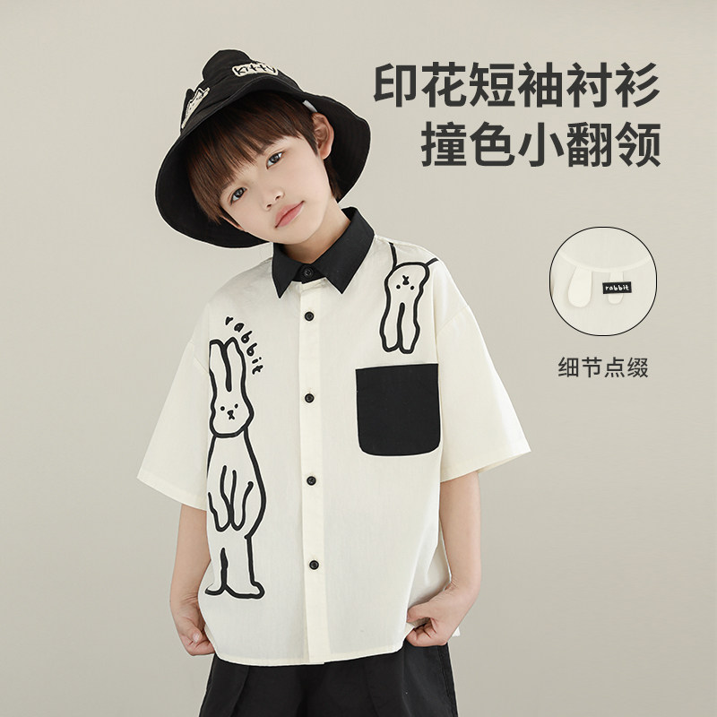 oddtails男童兔子印花短袖衬衫纯棉夏季2025新款儿童宝宝衬衣上衣图片