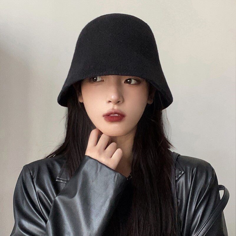 帽子女韩版百搭秋冬日系渔夫帽黑色显脸小水桶帽毛呢针织遮脸盆帽
