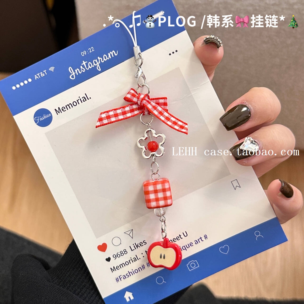 韩系格子蝴蝶结创意红苹果挂坠手链少女咕本手机链简约挂件