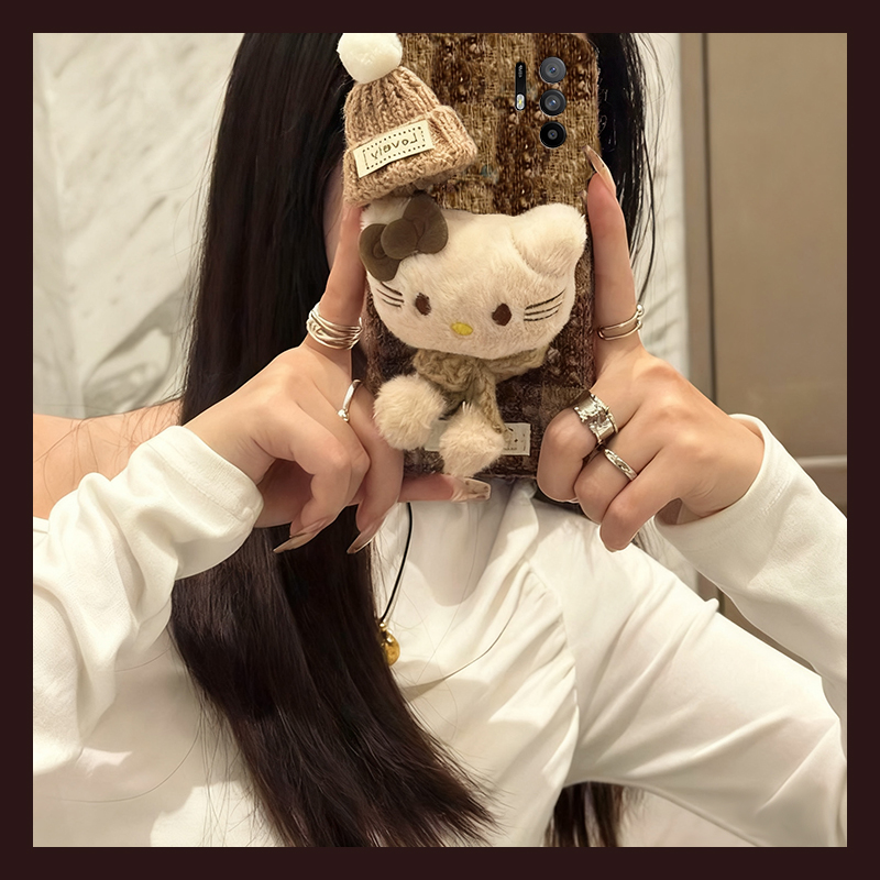 手机壳秋冬绒布卡通毛绒帽子围巾KT猫凯蒂猫