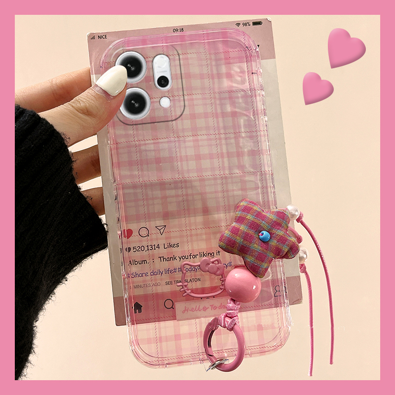 手机壳粉色格子立体卡通KT猫凯蒂猫带手链