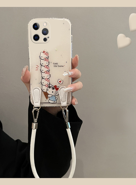 适用苹果16手机壳iPhone15promax可斜挎se4卡通KT猫16e带13mini手绳14plus挂绳12可爱11凯蒂猫xsmax白色7p八8