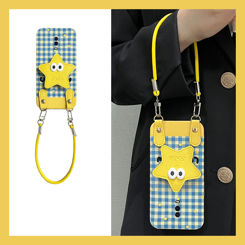 手机壳格子立体卡通星星支架带手提绳斜跨绳