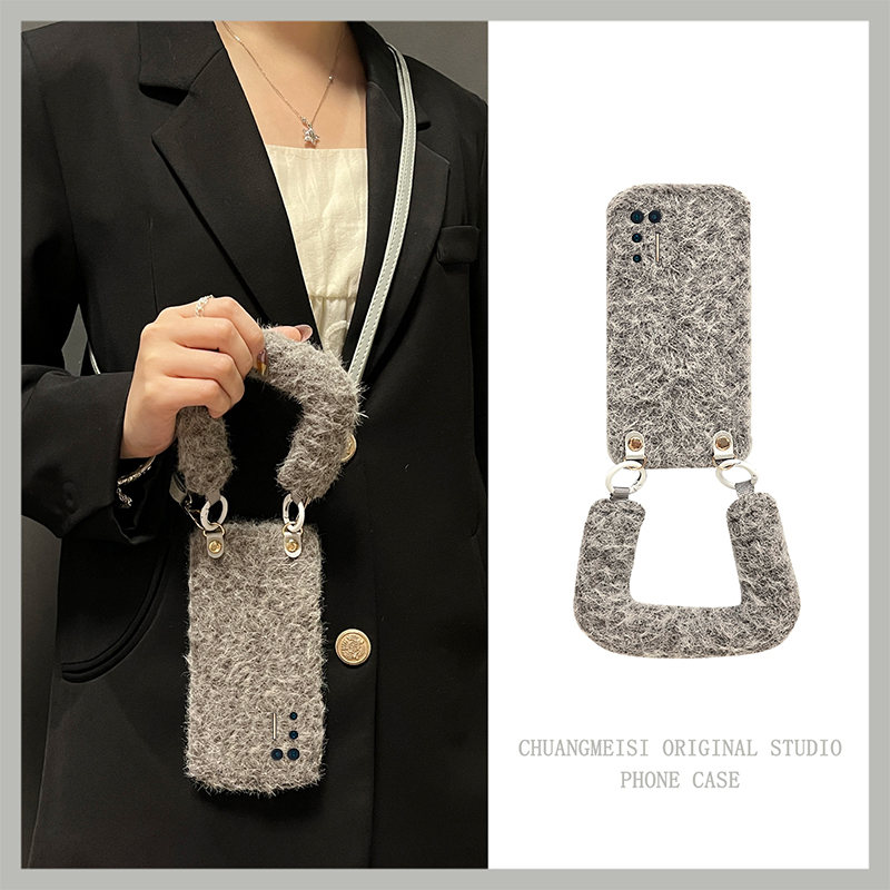 灰色毛绒绒布适用坚果r2手机壳pro2背带pro3斜挎挂绳秋冬pro2s毛茸茸r1简约3纯色por毛毛新款全包防摔硅胶女p
