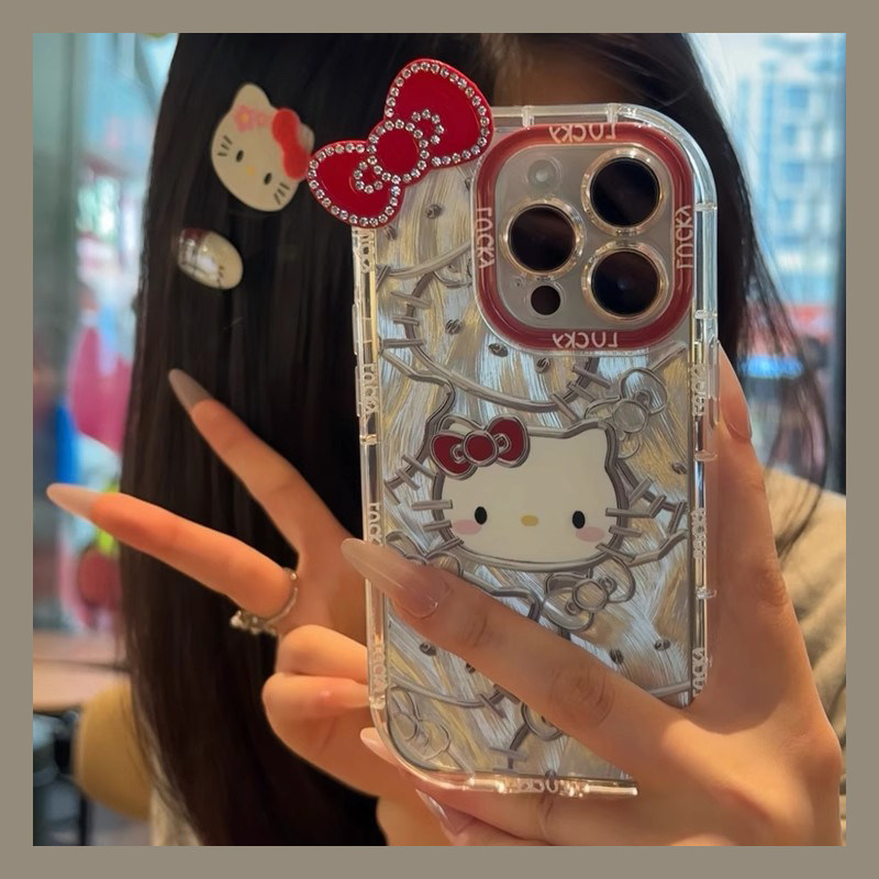 手机壳硅胶羽纱卡通线条KT猫立体水钻蝴蝶结