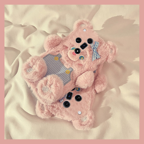 手机壳秋冬毛绒立体卡通蝴蝶结小熊