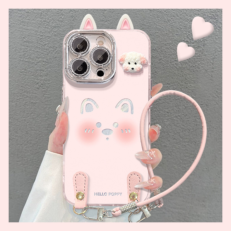 手机壳硅胶羽纱粉色卡通呆萌立体小狗带耳朵