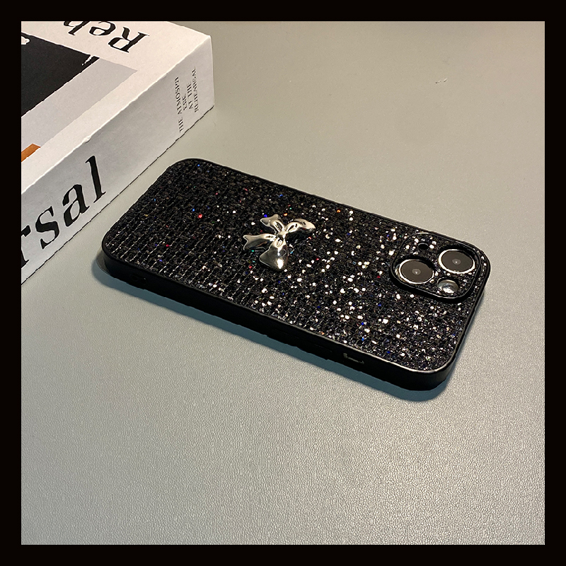 手机壳硅胶绒布闪片亮片立体银色蝴蝶结